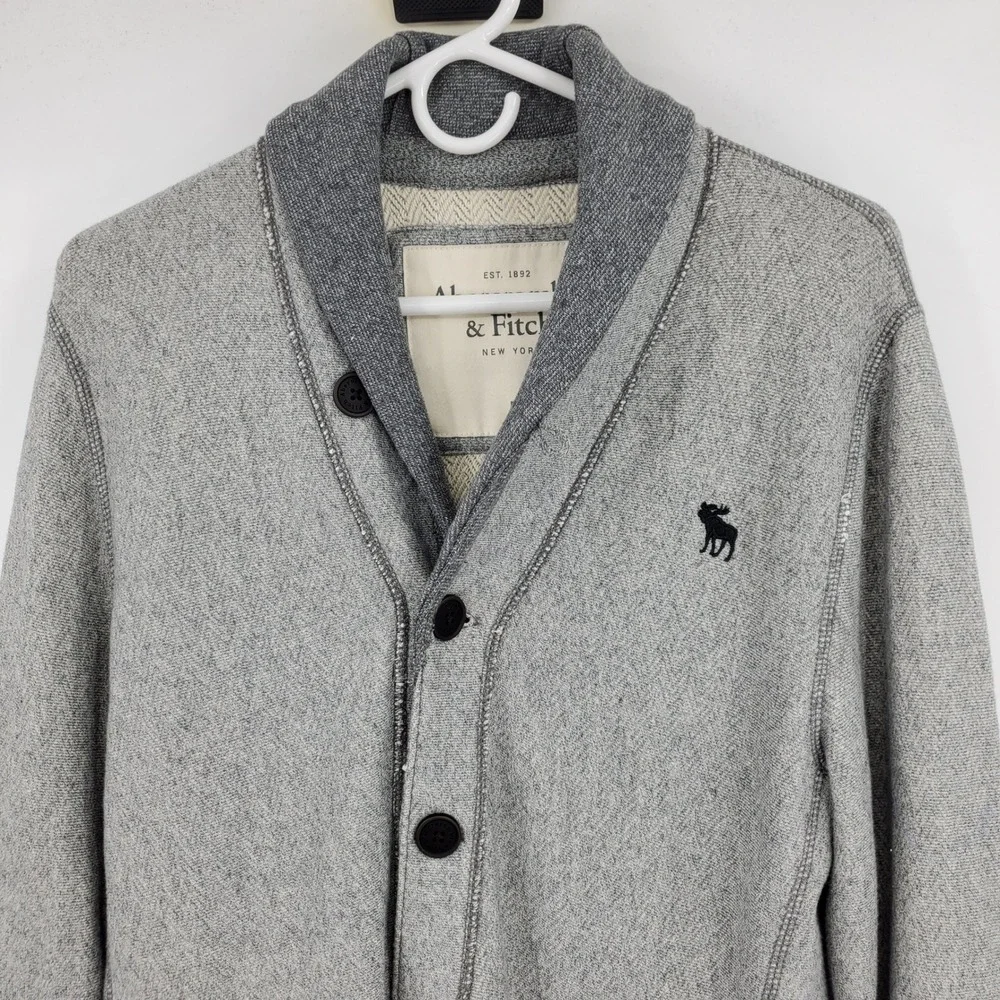 Abercrombie‎ Fitch Men Gray Herringbone Shawl Collar Cardigan Sweater Y2K Medium